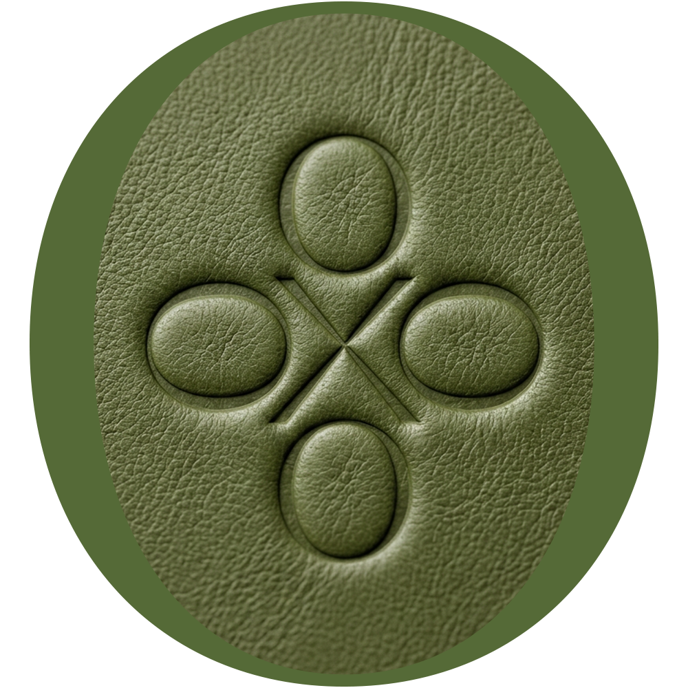 Olive leather surface with the Oleatex four-petal logo embossed as a raised impression