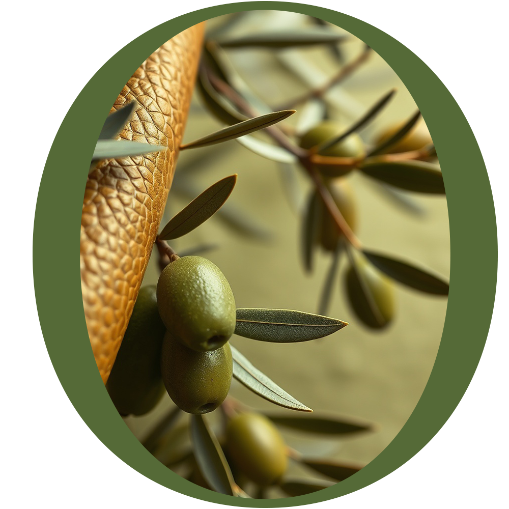 Olive branch with green olives resting on Oleatex olive-leather